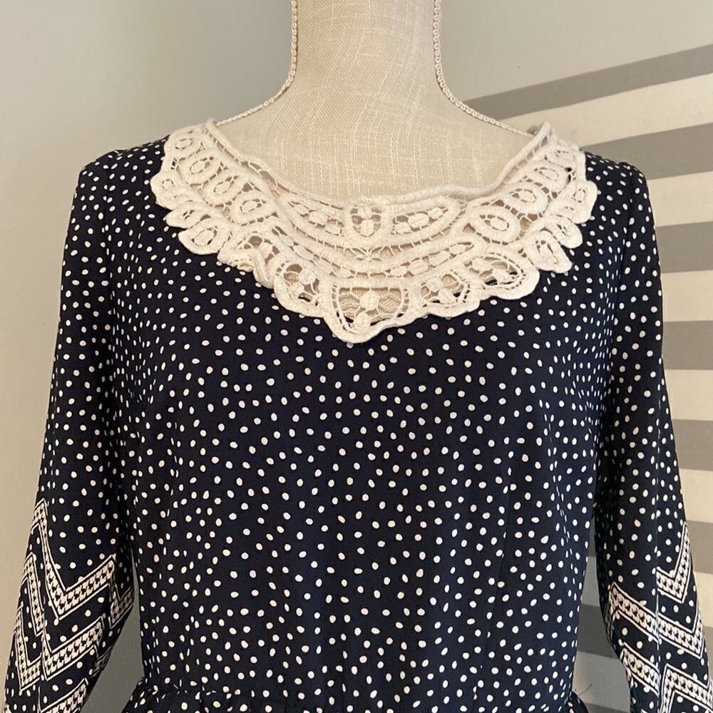 Altar'd State Navy Blue & White Polka Dot Lace Neckline A-Line Mini Dress Size S - Picture 2 of 8
